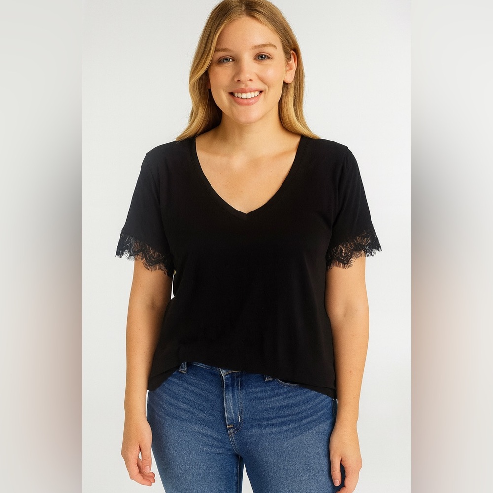 Express Black V-Neck Lace Edged Sleeves Tee S NWT